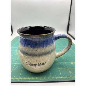 St. George Island Large Drip Brushed Glazed Coffee Tea Mug Blue Beige Brown